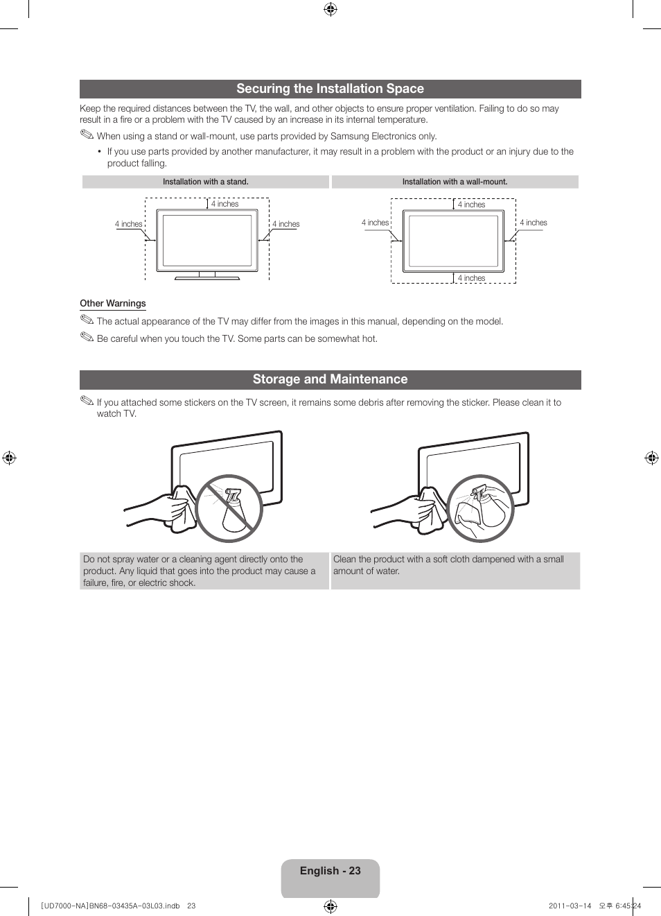 Securing the installation space, Storage and maintenance | Samsung UN55D7000LFXZA User Manual | Page 23 / 76