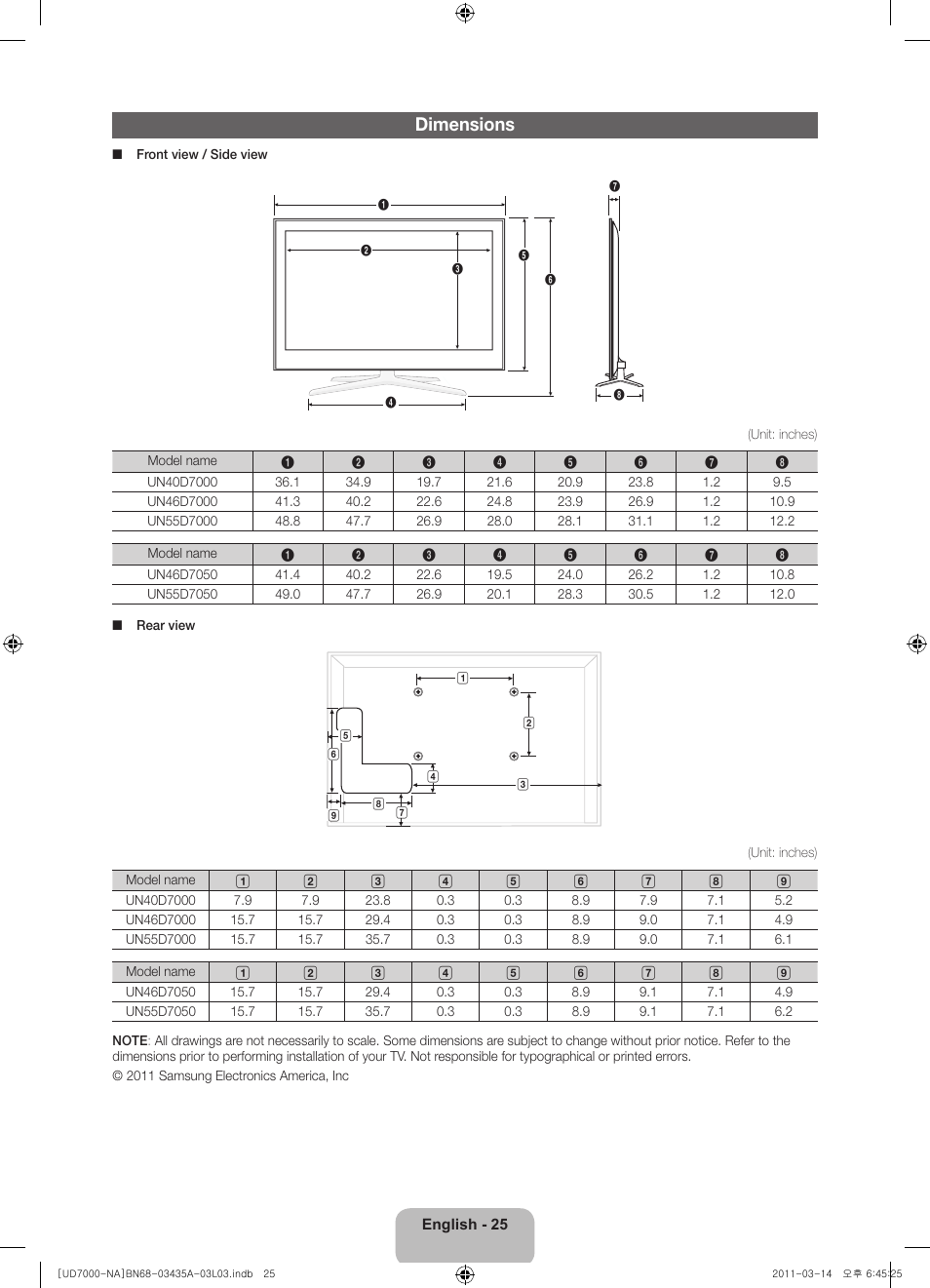 Dimensions | Samsung UN55D7000LFXZA User Manual | Page 25 / 76
