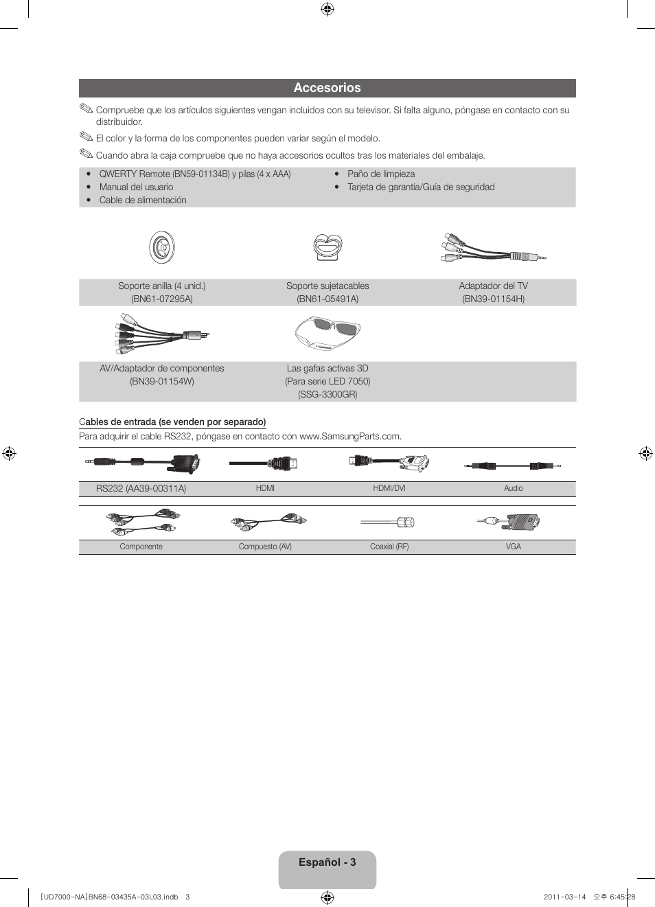 Accesorios | Samsung UN55D7000LFXZA User Manual | Page 28 / 76
