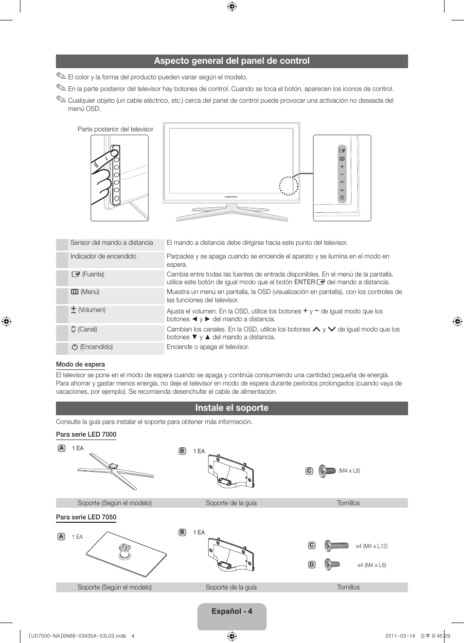 Aspecto general del panel de control, Instale el soporte | Samsung UN55D7000LFXZA User Manual | Page 29 / 76