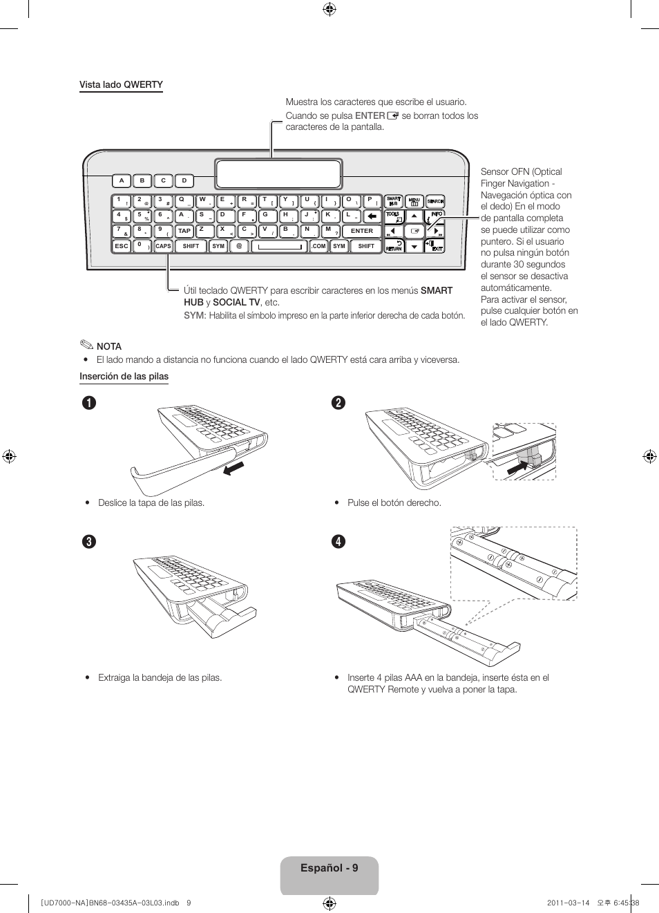 Español - 9, Vista lado qwerty | Samsung UN55D7000LFXZA User Manual | Page 34 / 76