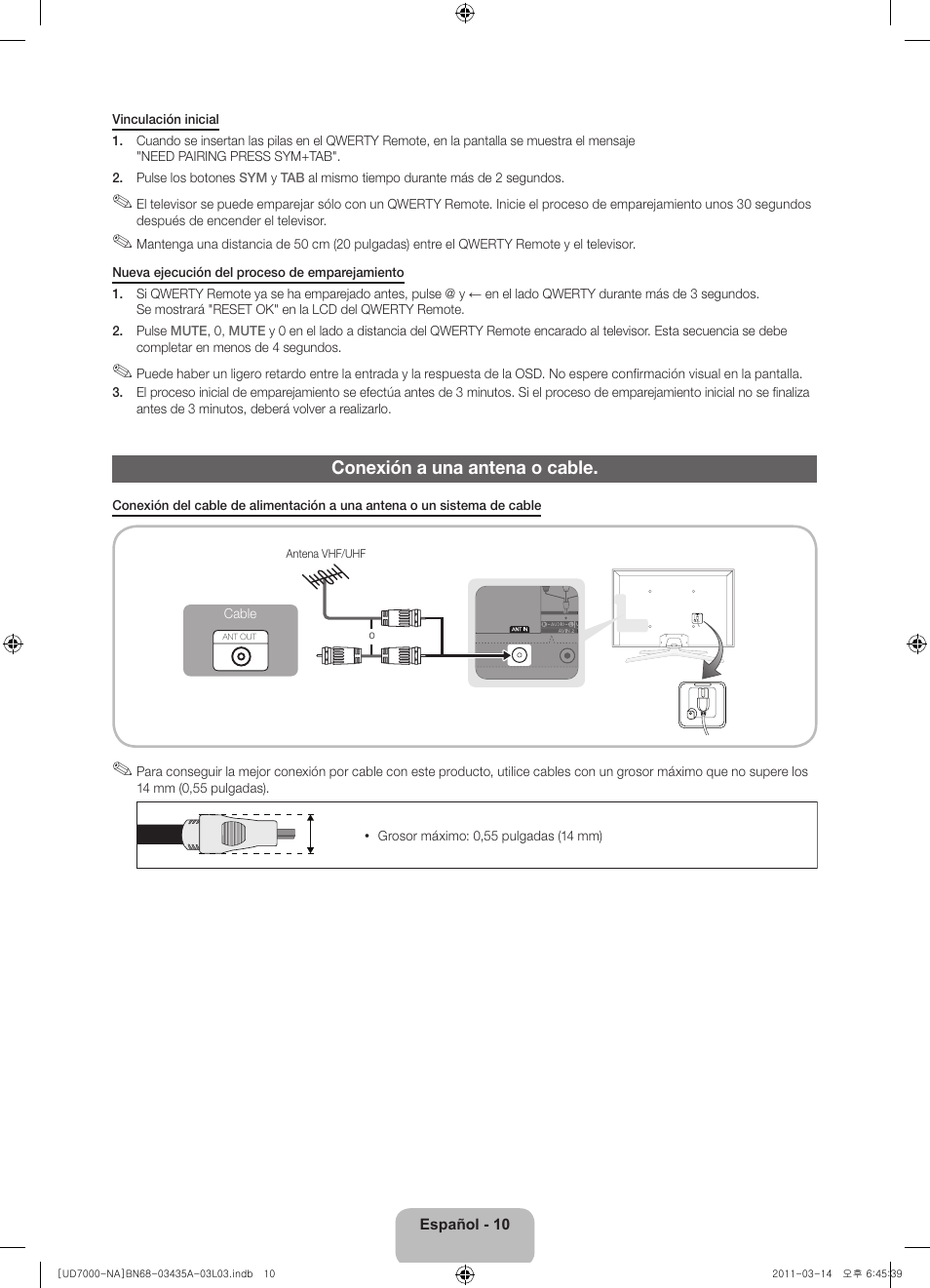 Conexión a una antena o cable | Samsung UN55D7000LFXZA User Manual | Page 35 / 76