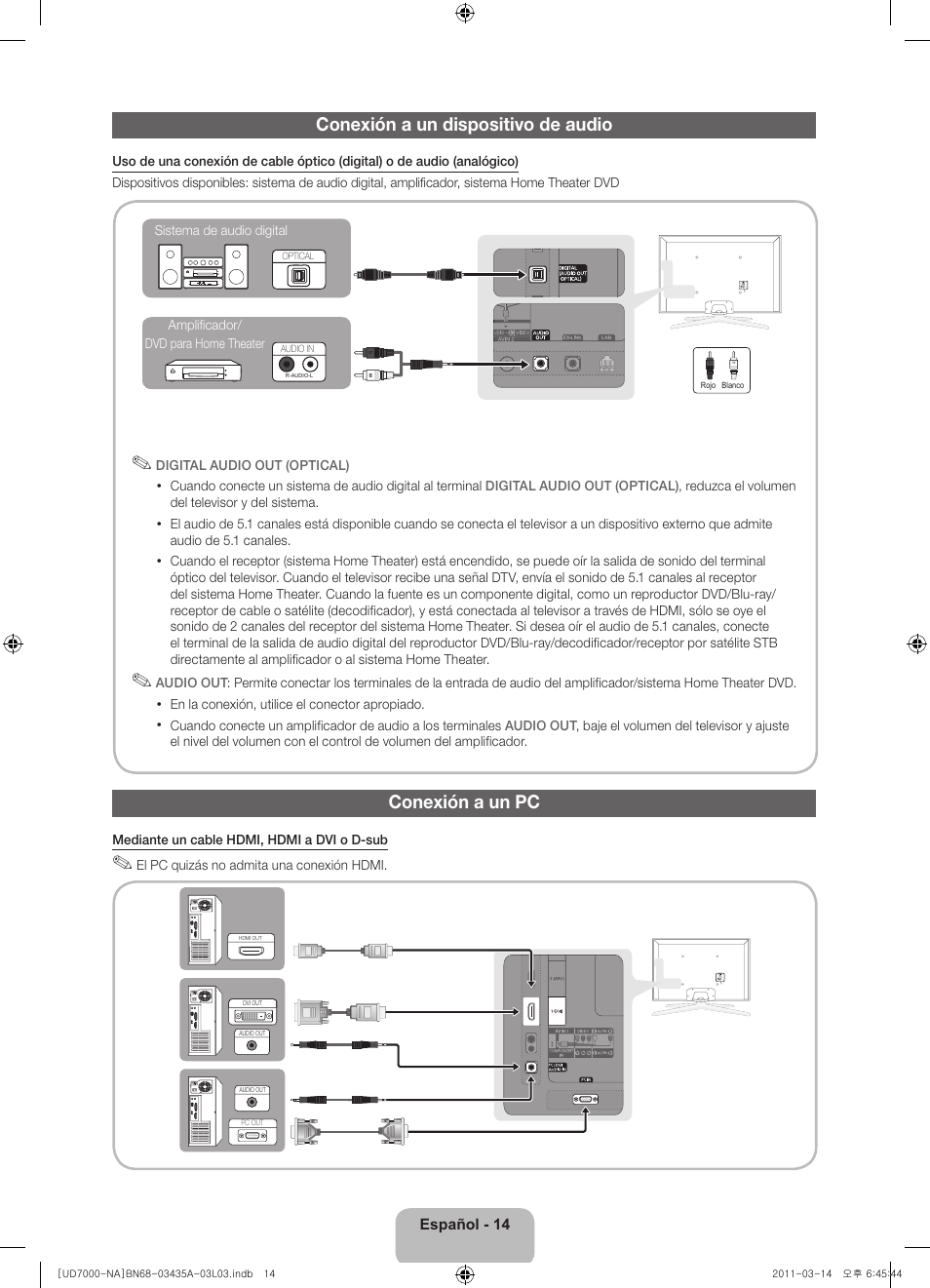 Conexión a un dispositivo de audio, Conexión a un pc | Samsung UN55D7000LFXZA User Manual | Page 39 / 76