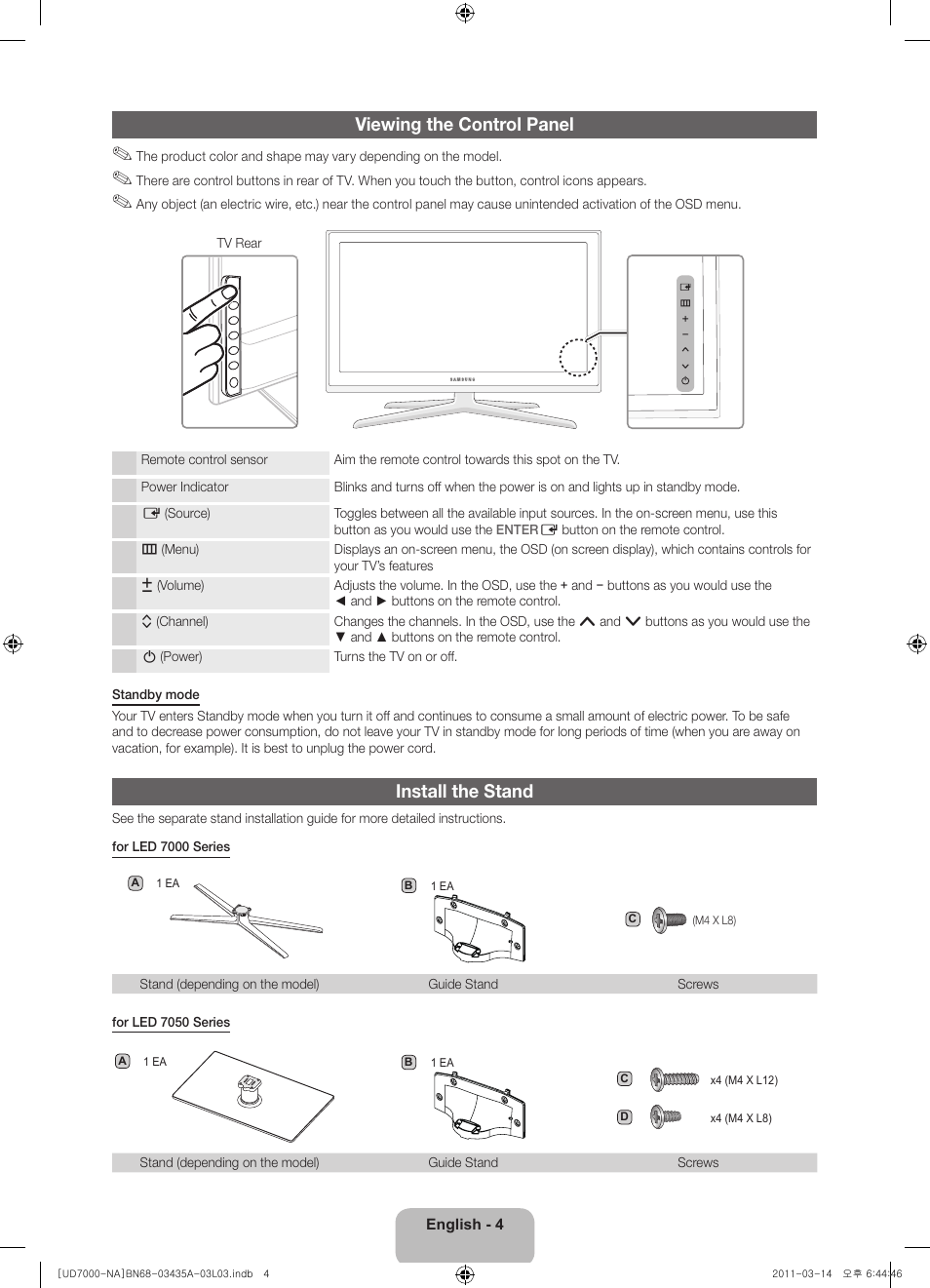 Viewing the control panel, Install the stand | Samsung UN55D7000LFXZA User Manual | Page 4 / 76