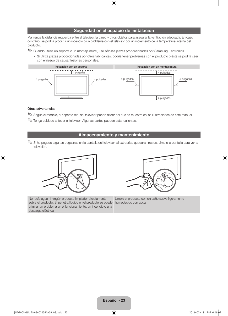 Seguridad en el espacio de instalación, Almacenamiento y mantenimiento | Samsung UN55D7000LFXZA User Manual | Page 48 / 76