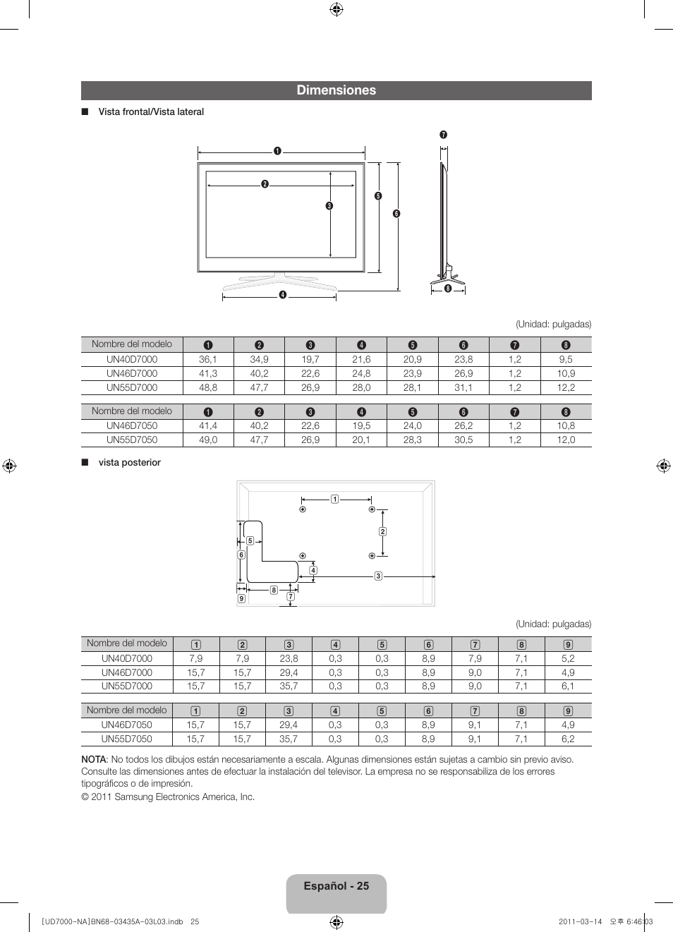 Dimensiones | Samsung UN55D7000LFXZA User Manual | Page 50 / 76