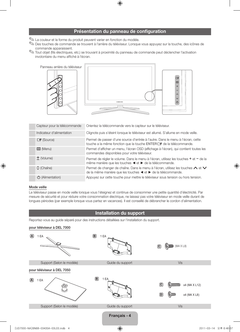 Présentation du panneau de configuration, Installation du support | Samsung UN55D7000LFXZA User Manual | Page 54 / 76