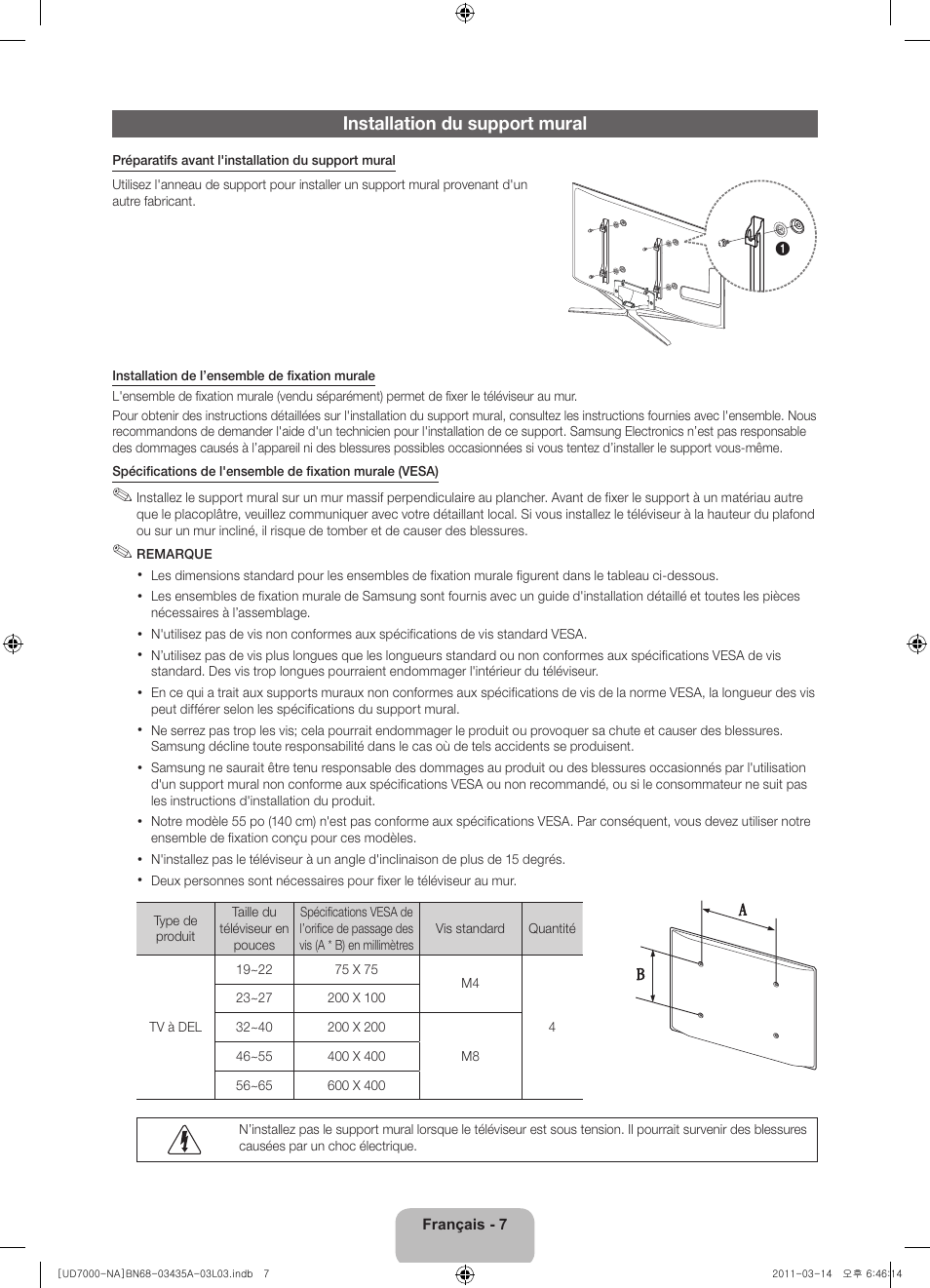 Installation du support mural | Samsung UN55D7000LFXZA User Manual | Page 57 / 76