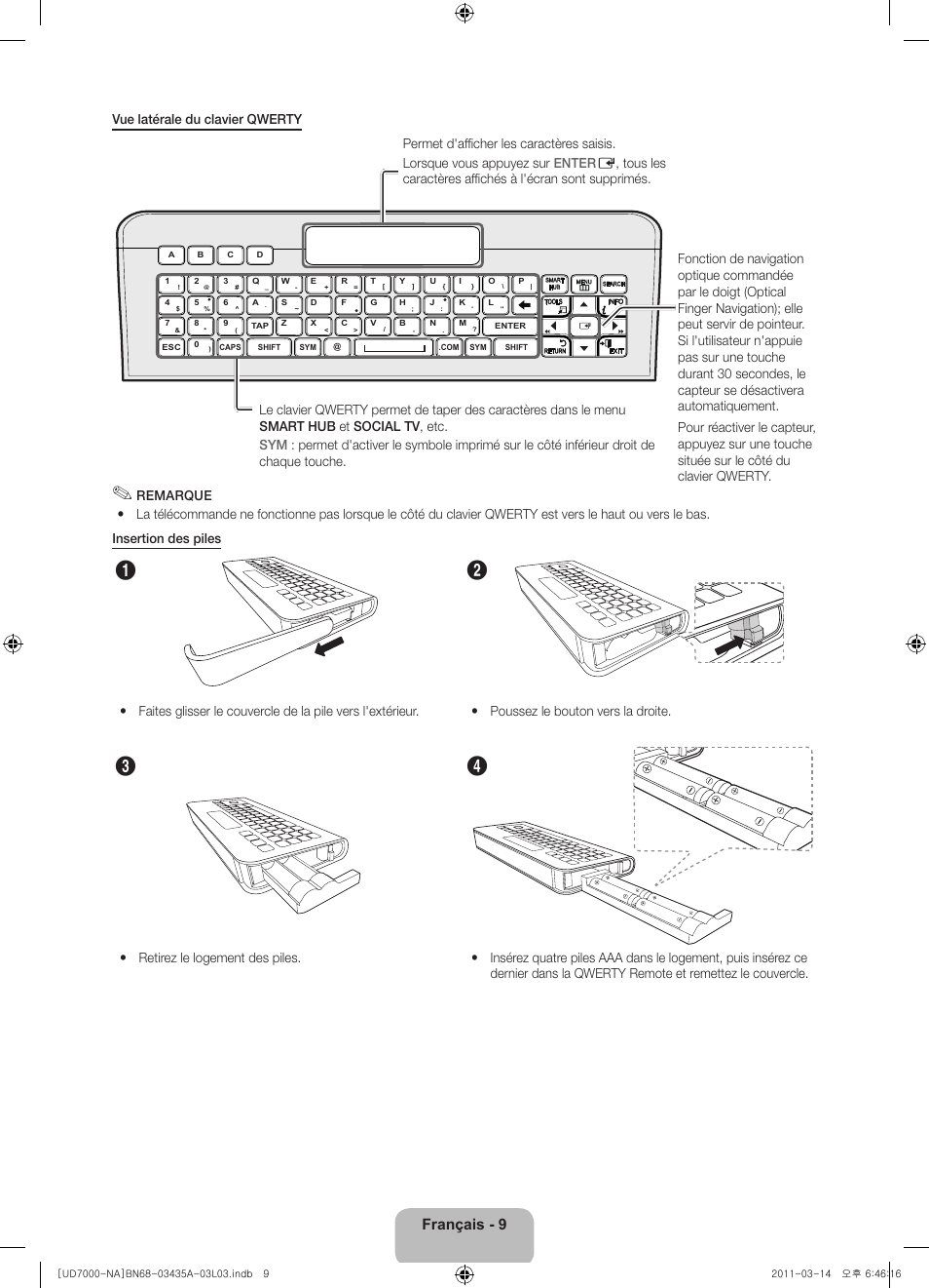 Français - 9, Vue latérale du clavier qwerty | Samsung UN55D7000LFXZA User Manual | Page 59 / 76