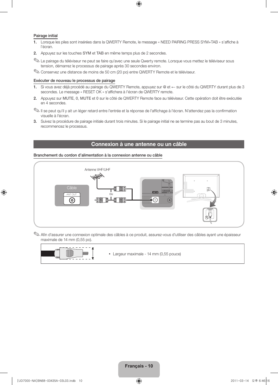 Connexion à une antenne ou un câble | Samsung UN55D7000LFXZA User Manual | Page 60 / 76