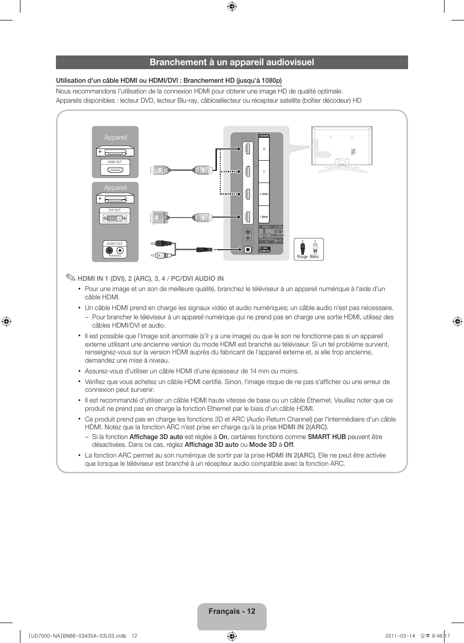 Branchement à un appareil audiovisuel | Samsung UN55D7000LFXZA User Manual | Page 62 / 76
