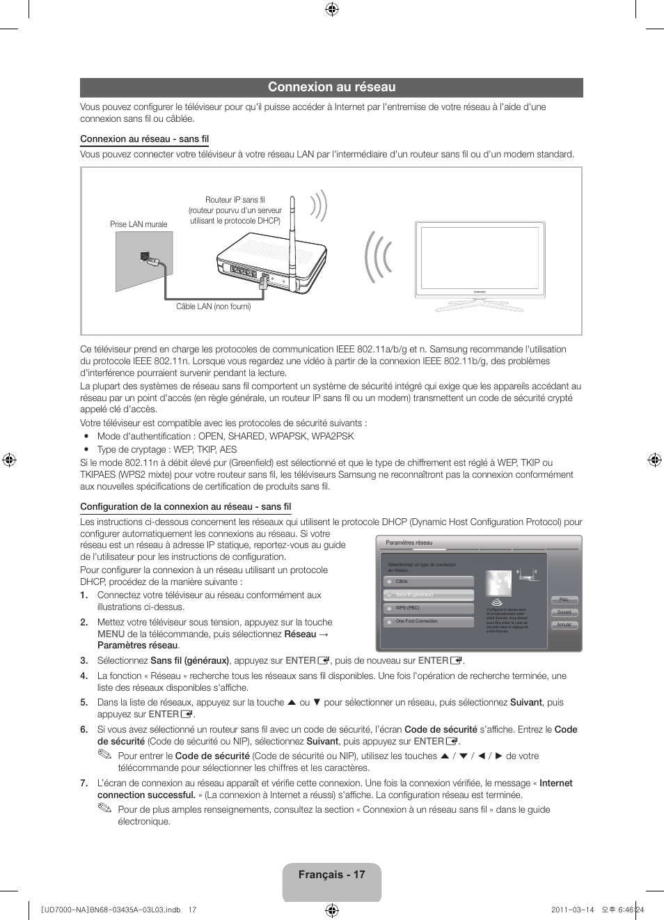 Connexion au réseau | Samsung UN55D7000LFXZA User Manual | Page 67 / 76