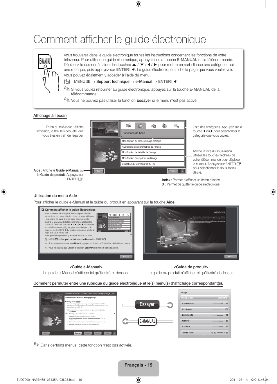 Comment afﬁ cher le guide électronique, Essayer, E-manual | Français - 19, Menu m → support technique → e-manual → enter e | Samsung UN55D7000LFXZA User Manual | Page 69 / 76