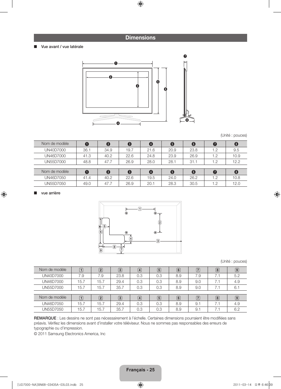 Dimensions | Samsung UN55D7000LFXZA User Manual | Page 75 / 76