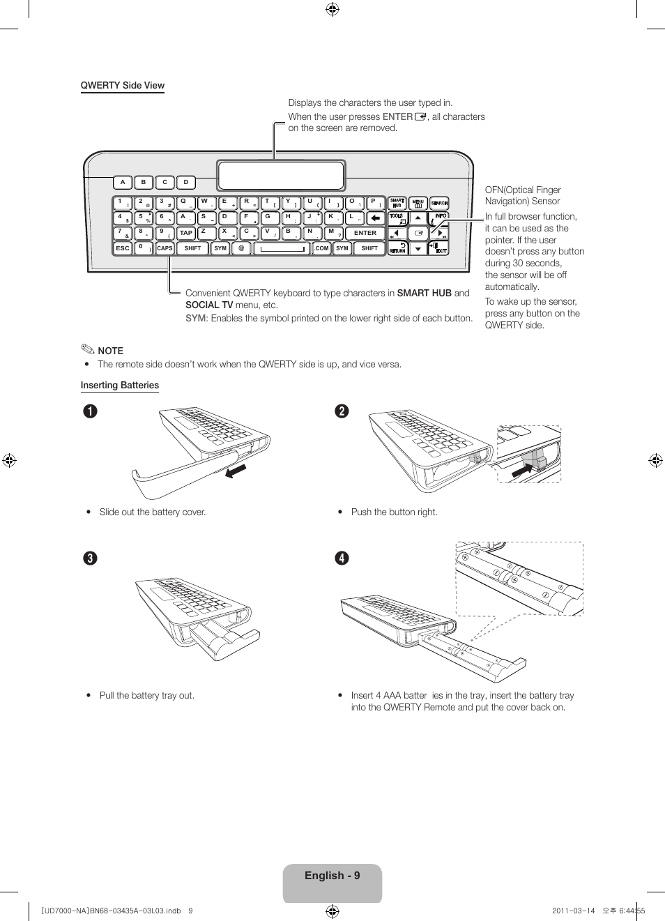 English - 9, Qwerty side view | Samsung UN55D7000LFXZA User Manual | Page 9 / 76