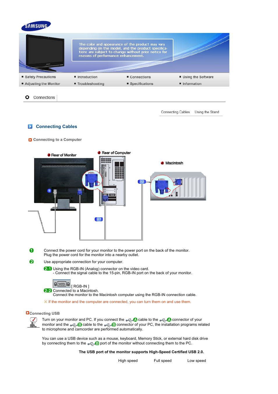 Connections, Connecting cables | Samsung LS22UCNSF-XBG User Manual | Page 18 / 59