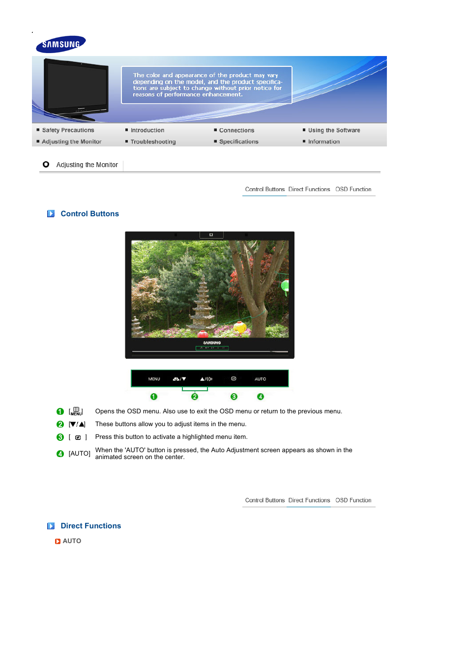 Adjusting the monitor, Control buttons, Direct functions | Samsung LS22UCNSF-XBG User Manual | Page 37 / 59