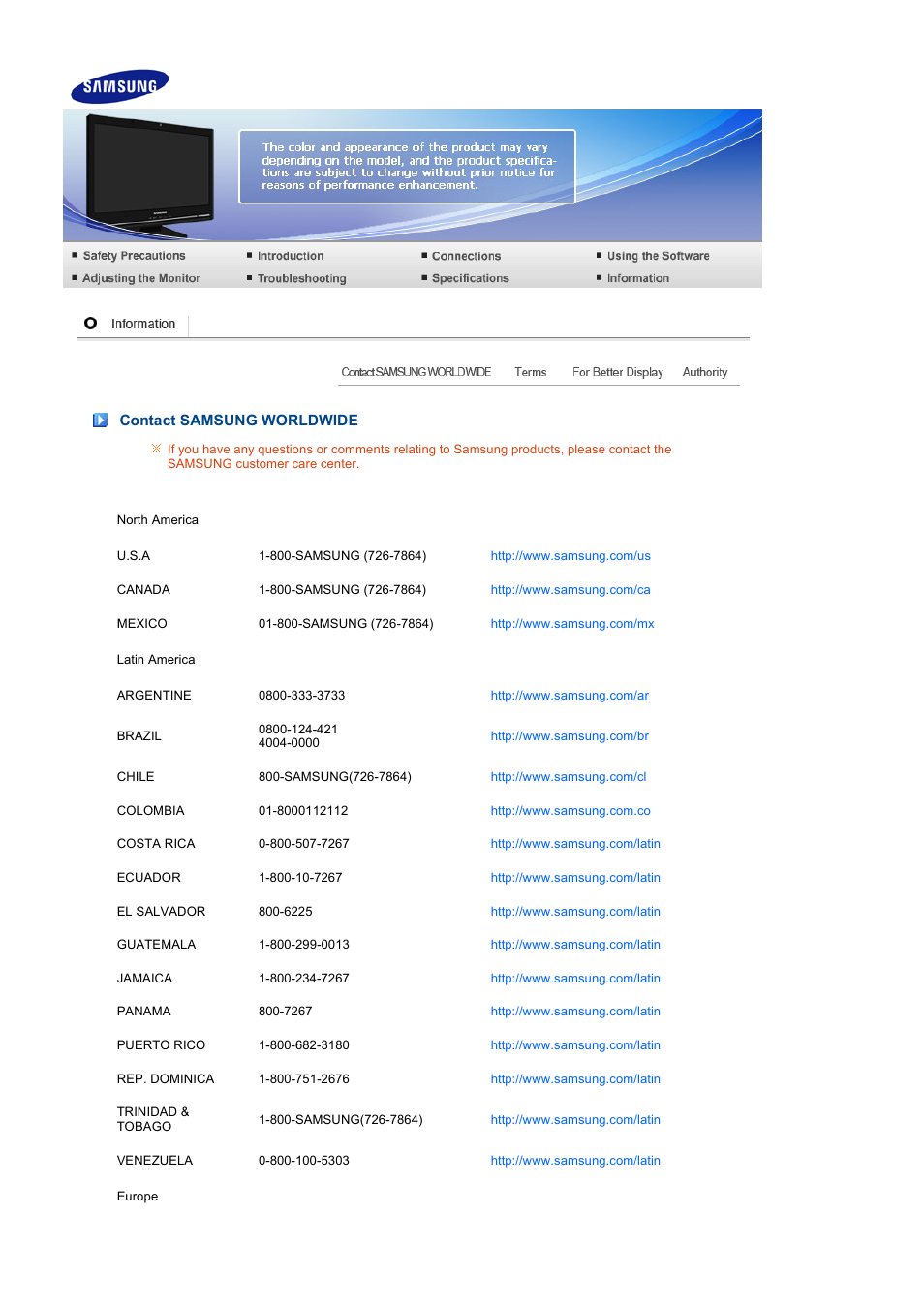 Information, Contact samsung worldwide | Samsung LS22UCNSF-XBG User Manual | Page 56 / 59