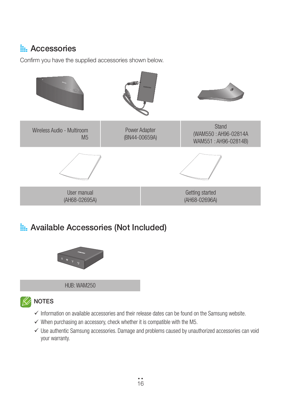 Accessories, Available accessories (not included), Accessories available accessories (not included) | A accessories, A available accessories (not included) | Samsung WAM551-ZA User Manual | Page 16 / 79