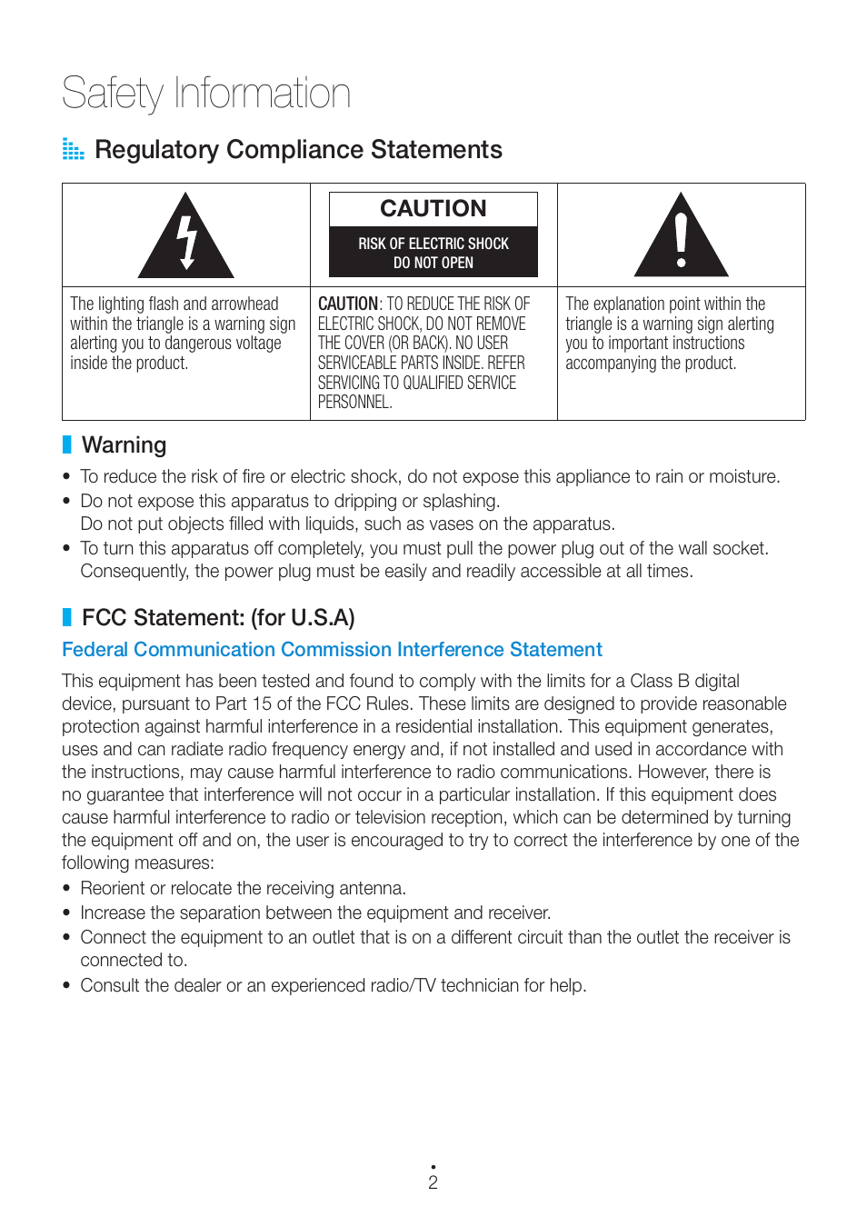 Safety information, Regulatory compliance statements, Warning | Fcc statement: (for u.s.a), A regulatory compliance statements | Samsung WAM551-ZA User Manual | Page 2 / 79