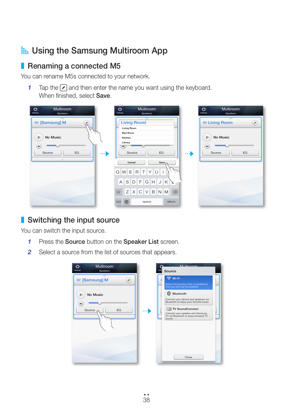 Using the samsung multiroom app, Renaming a connected m5, Switching the input source | Renaming a connected m5 switching the input source, A using the samsung multiroom app | Samsung WAM551-ZA User Manual | Page 38 / 79