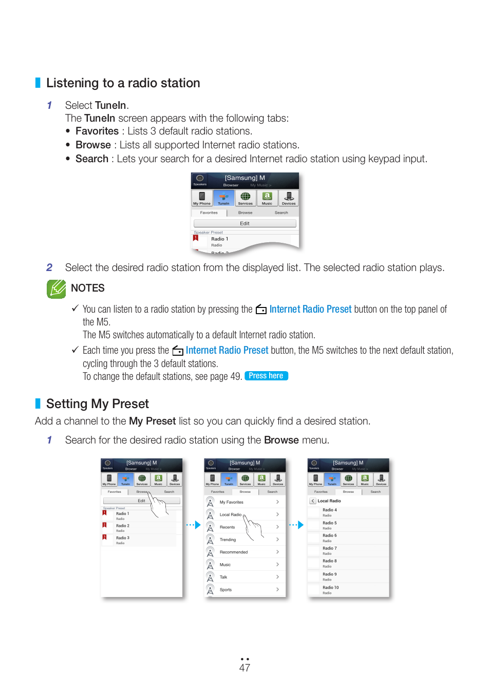 Listening to a radio station, Setting my preset, Listening to a radio station setting my preset | Samsung WAM551-ZA User Manual | Page 47 / 79