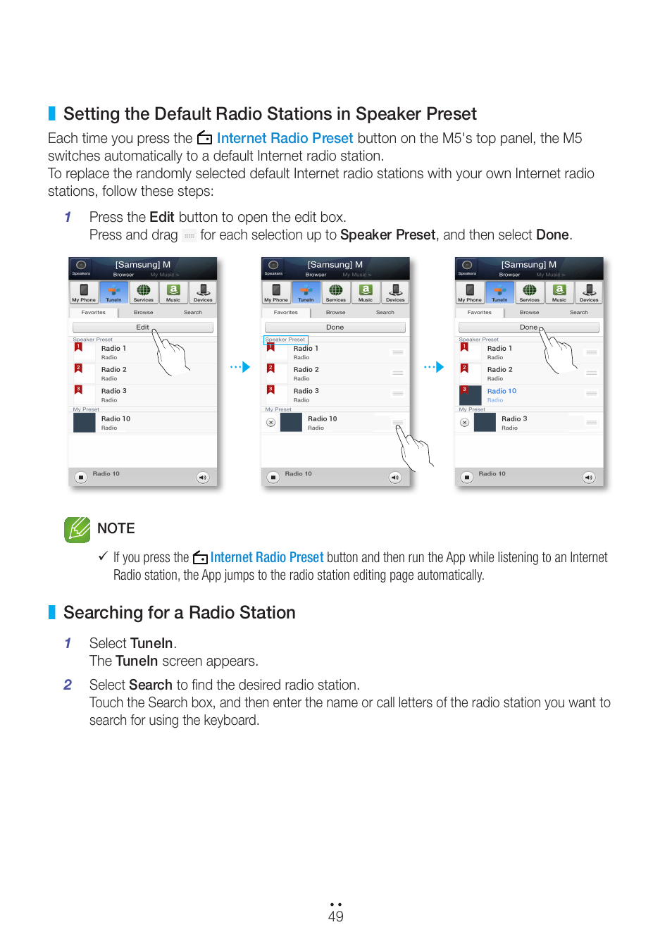 Searching for a radio station | Samsung WAM551-ZA User Manual | Page 49 / 79