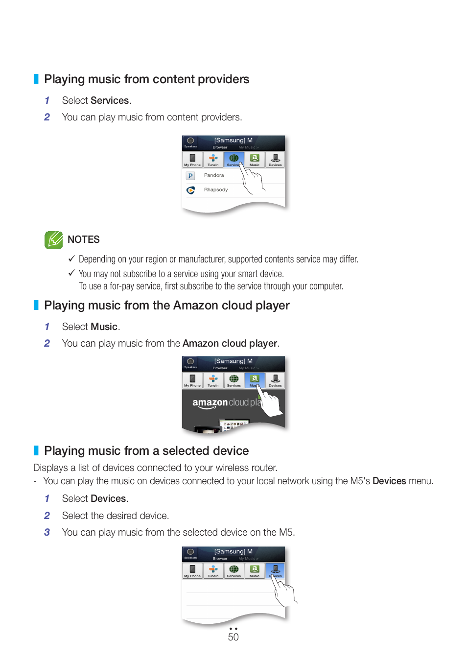 Playing music from content providers, Playing music from the amazon cloud player, Playing music from a selected device | Samsung WAM551-ZA User Manual | Page 50 / 79