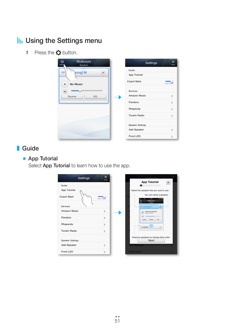 Using the settings menu, Guide, A using the settings menu | Samsung WAM551-ZA User Manual | Page 51 / 79