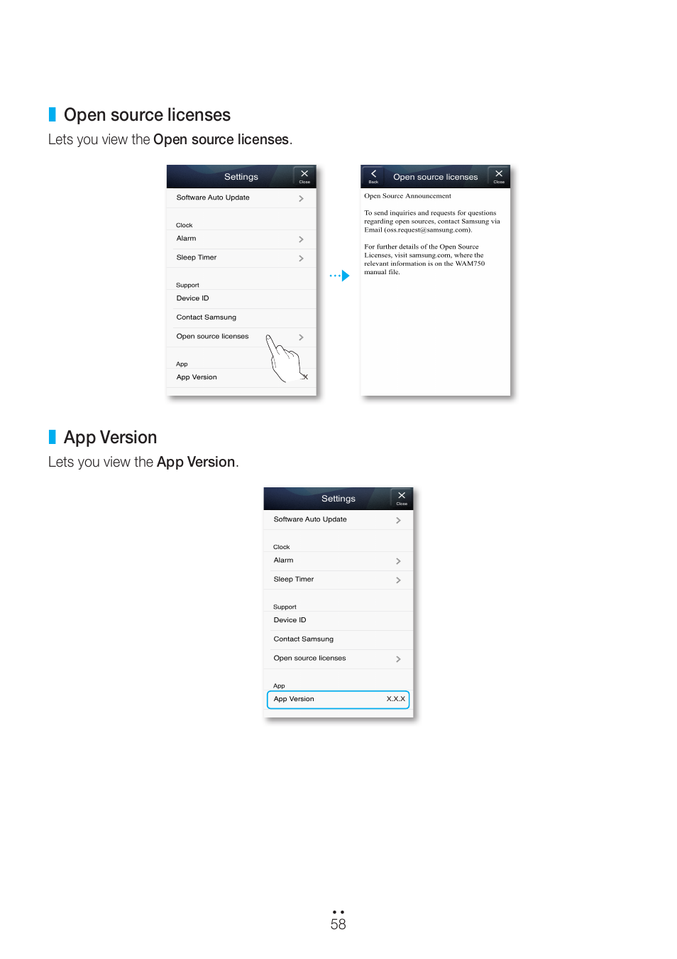 Open source licenses, App version, Open source licenses app version | Samsung WAM551-ZA User Manual | Page 58 / 79