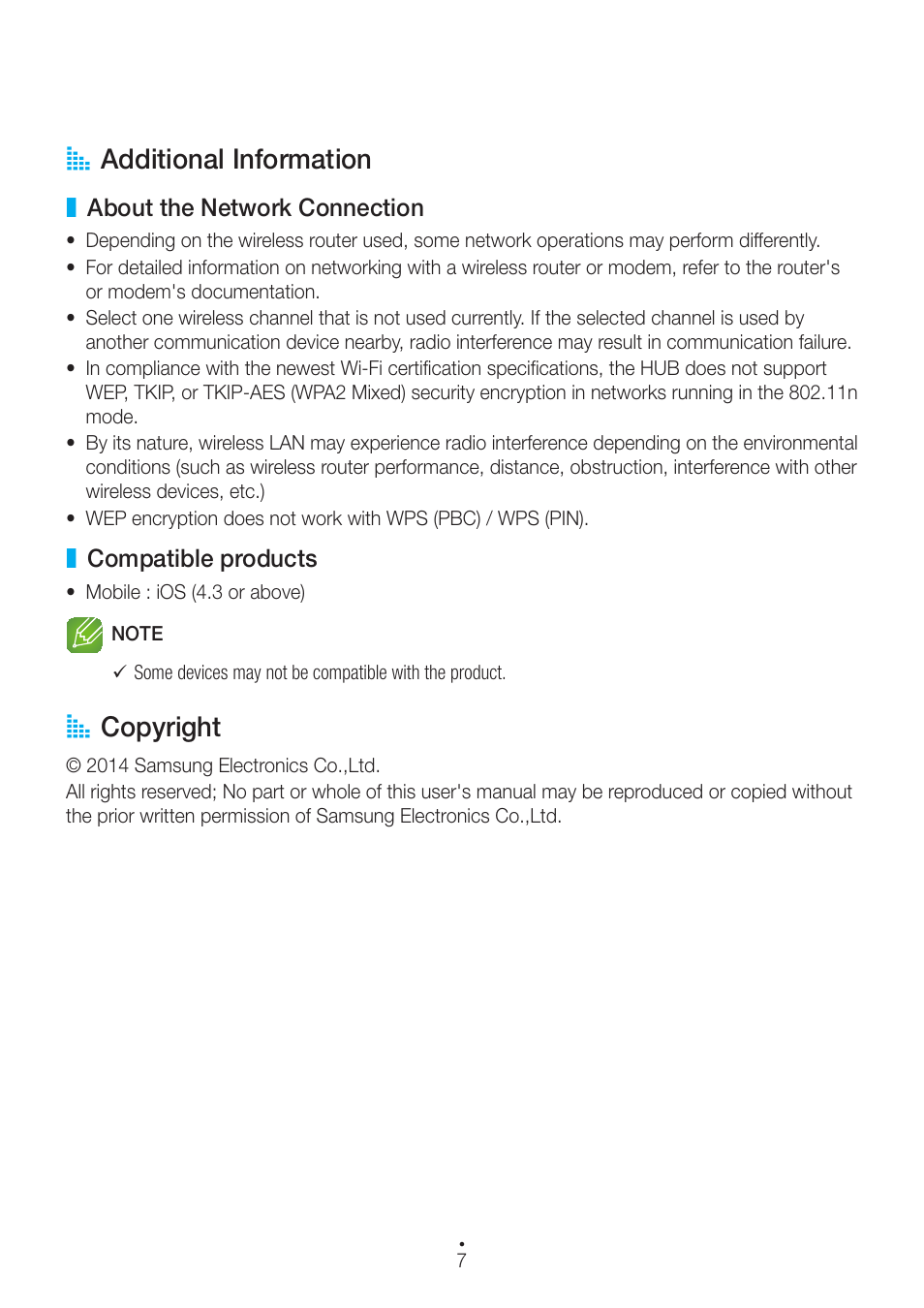 Additional information, About the network connection, Compatible products | Copyright, A additional information, A copyright | Samsung WAM551-ZA User Manual | Page 7 / 79