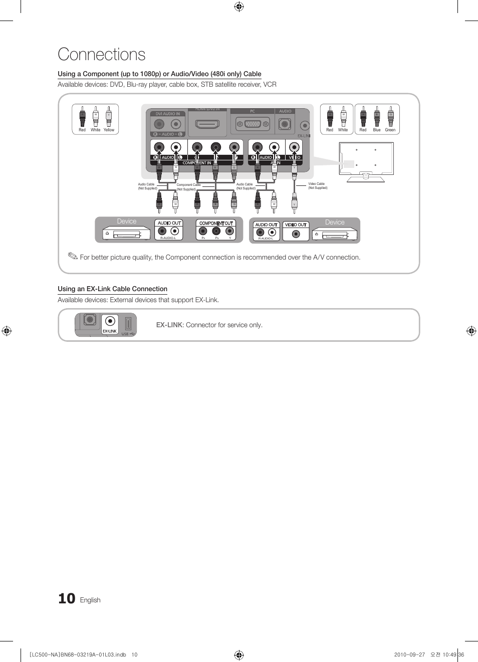 Connections, English, Device | Samsung LN40C500F3FXZA User Manual | Page 10 / 109