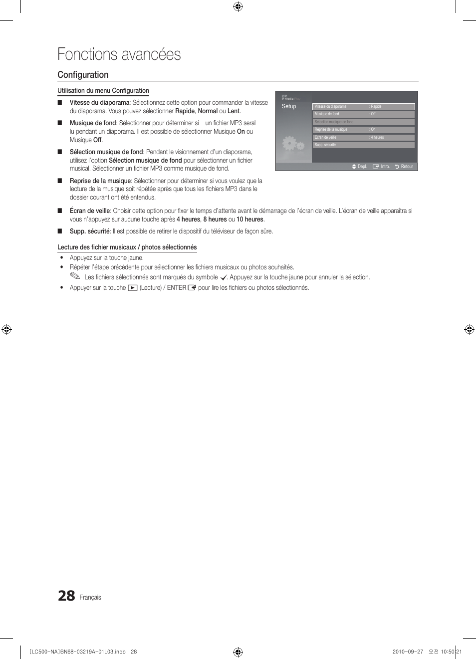 Fonctions avancées, Configuration, Photo | Music, Français | Samsung LN40C500F3FXZA User Manual | Page 100 / 109