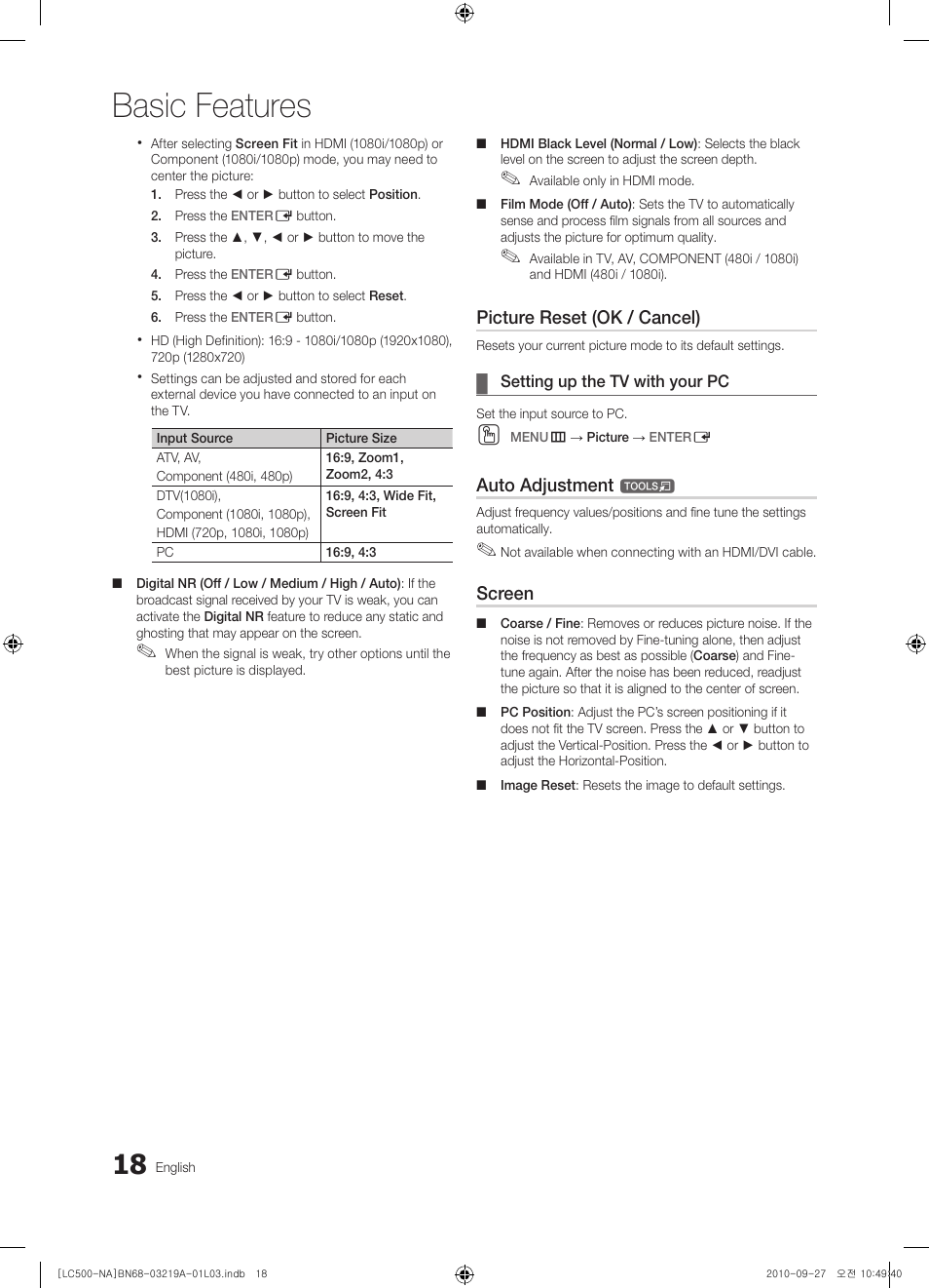 Setting up the tv with your pc, Basic features, Picture reset (ok / cancel) | Auto adjustment, Screen | Samsung LN40C500F3FXZA User Manual | Page 18 / 109