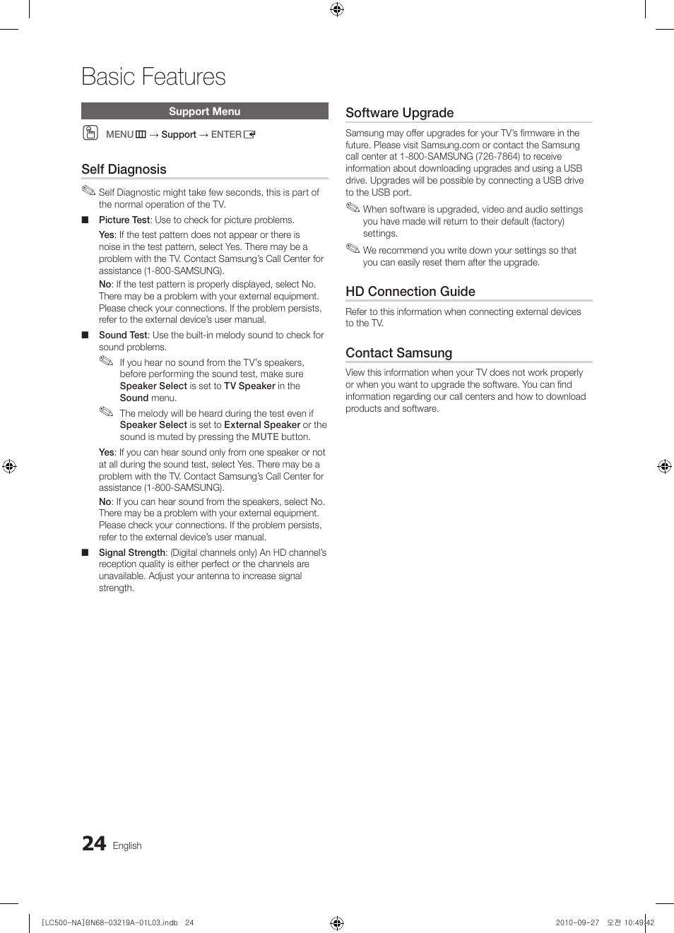 Support menu, Basic features | Samsung LN40C500F3FXZA User Manual | Page 24 / 109