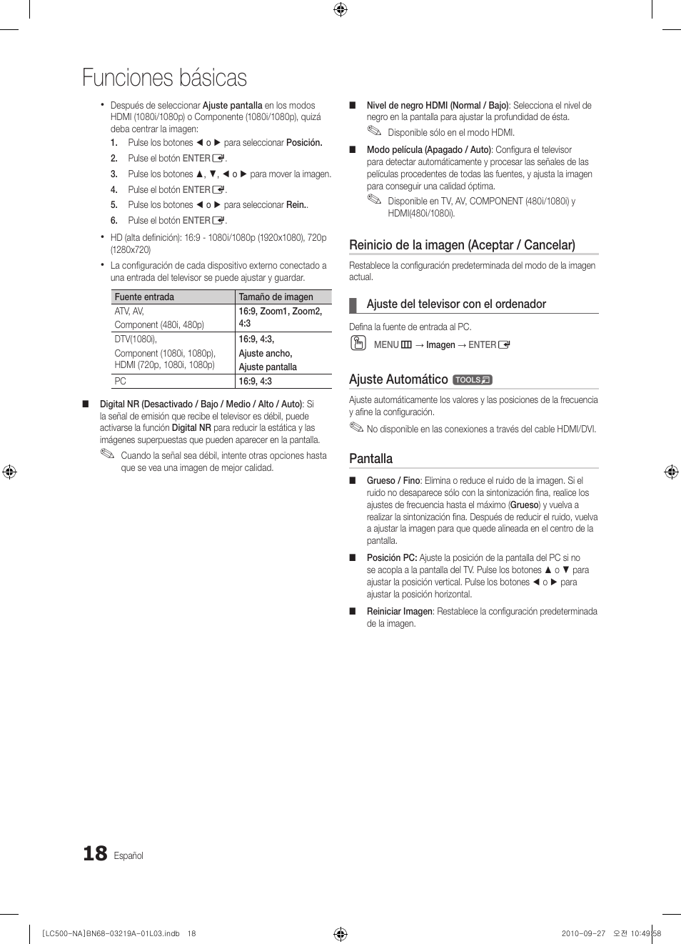 Funciones básicas, Reinicio de la imagen (aceptar / cancelar), Ajuste automático | Pantalla | Samsung LN40C500F3FXZA User Manual | Page 54 / 109