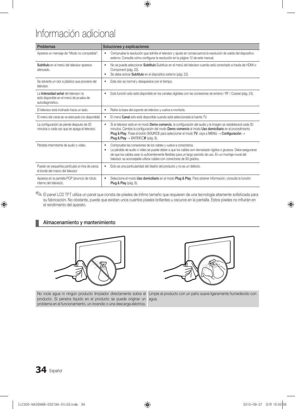 Información adicional, Almacenamiento y mantenimiento | Samsung LN40C500F3FXZA User Manual | Page 70 / 109