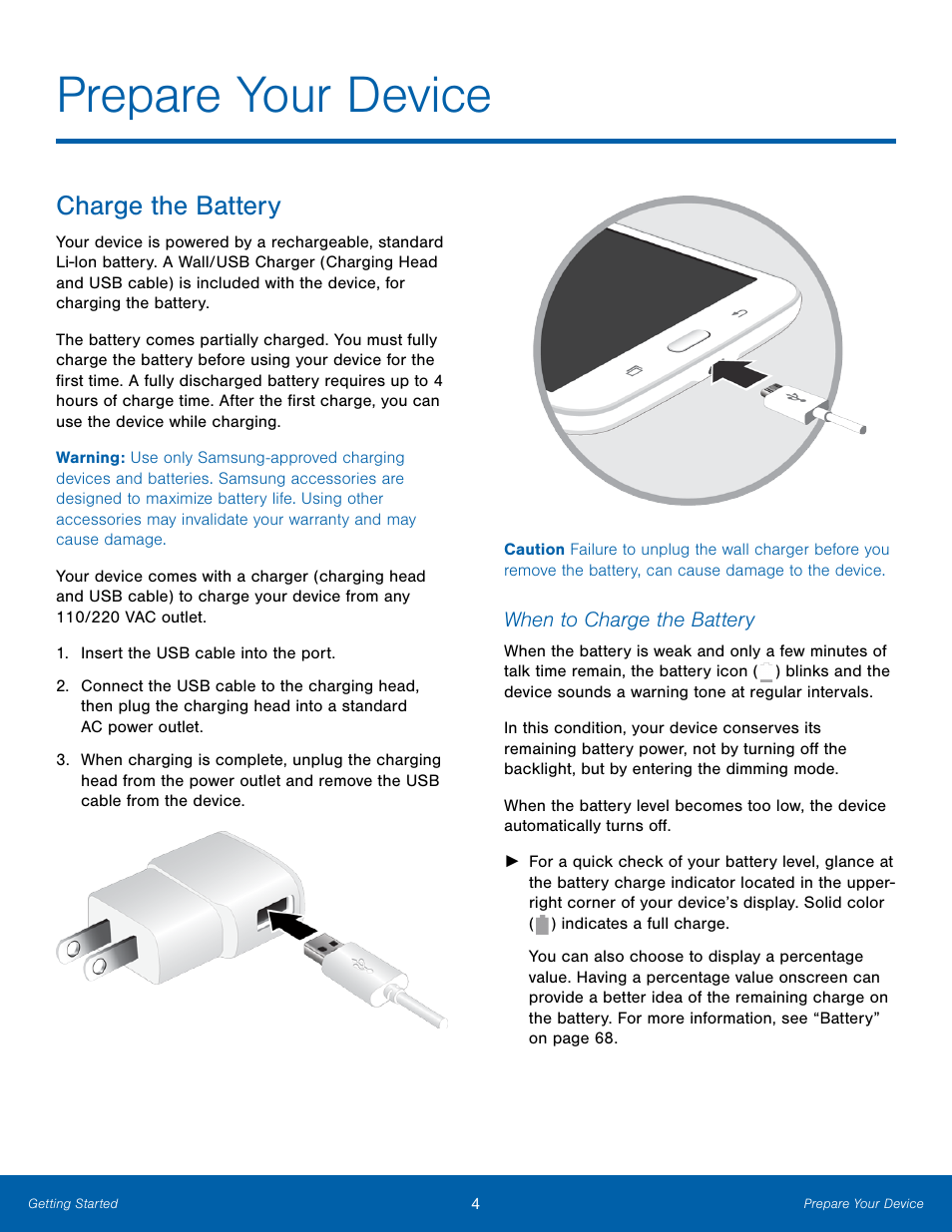 Prepare your device, Charge the battery | Samsung SM-T700NZWAXAR User Manual | Page 11 / 82