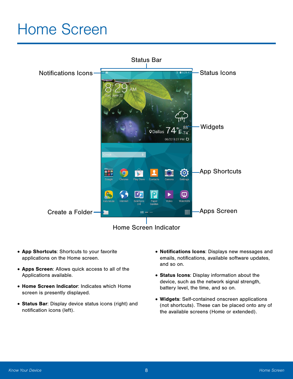 Home screen | Samsung SM-T700NZWAXAR User Manual | Page 15 / 82