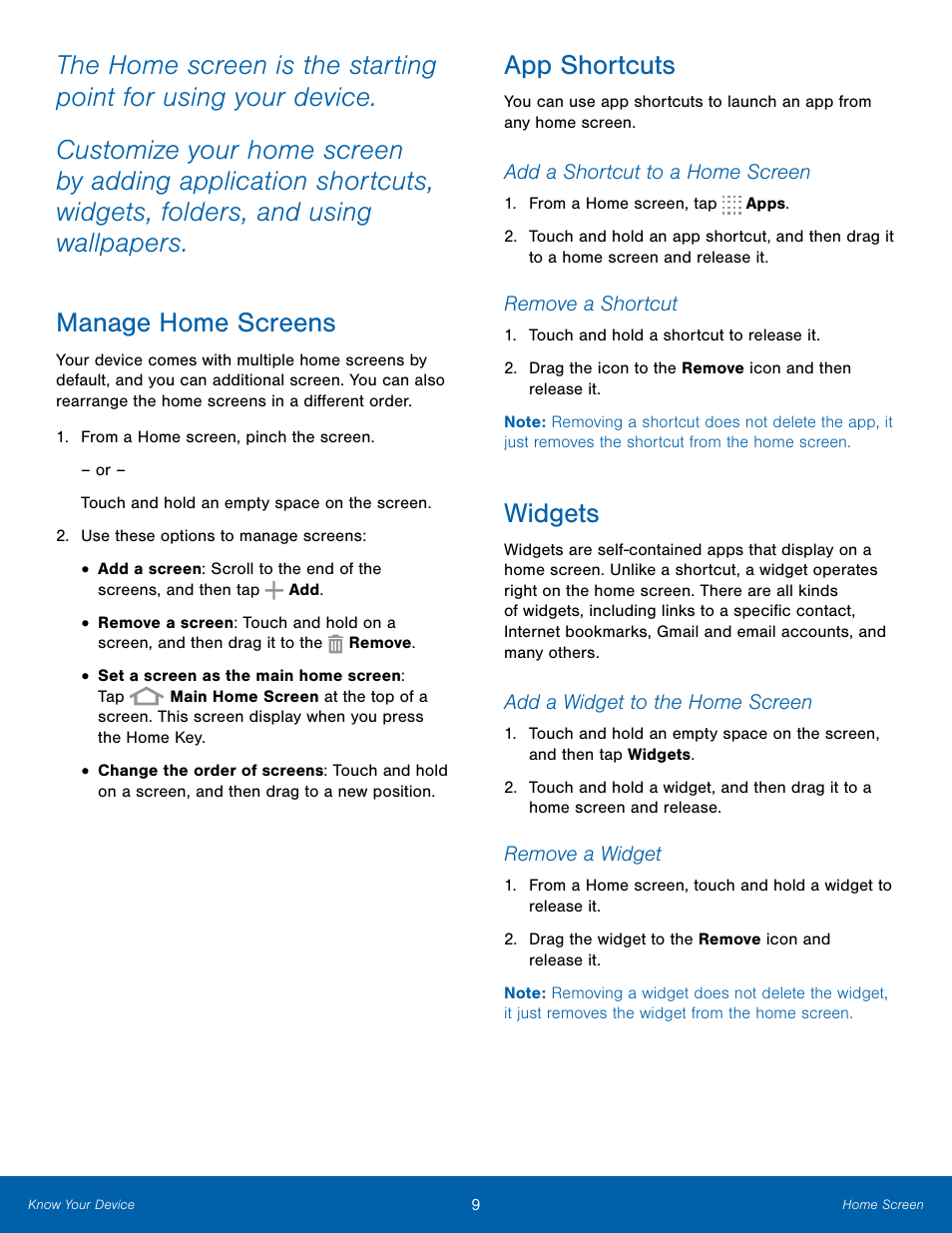 Manage home screens, App shortcuts, Widgets | Manage home screens app shortcuts widgets | Samsung SM-T700NZWAXAR User Manual | Page 16 / 82