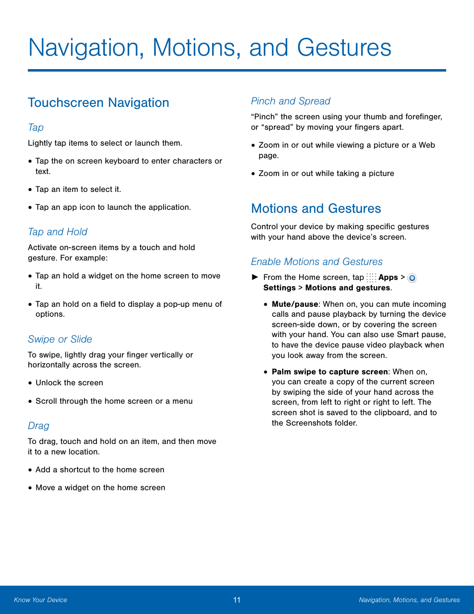 Navigation, motions, and gestures, Touchscreen navigation, Motions and gestures | Touchscreen navigation motions and gestures | Samsung SM-T700NZWAXAR User Manual | Page 18 / 82