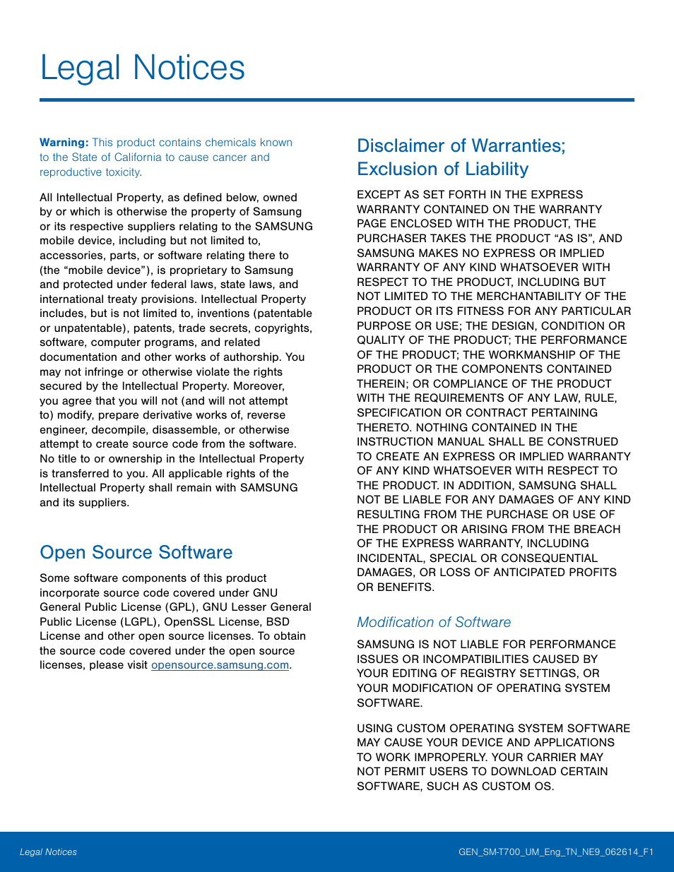 Legal notices, Open source software, Disclaimer of warranties; exclusion of liability | Samsung SM-T700NZWAXAR User Manual | Page 2 / 82