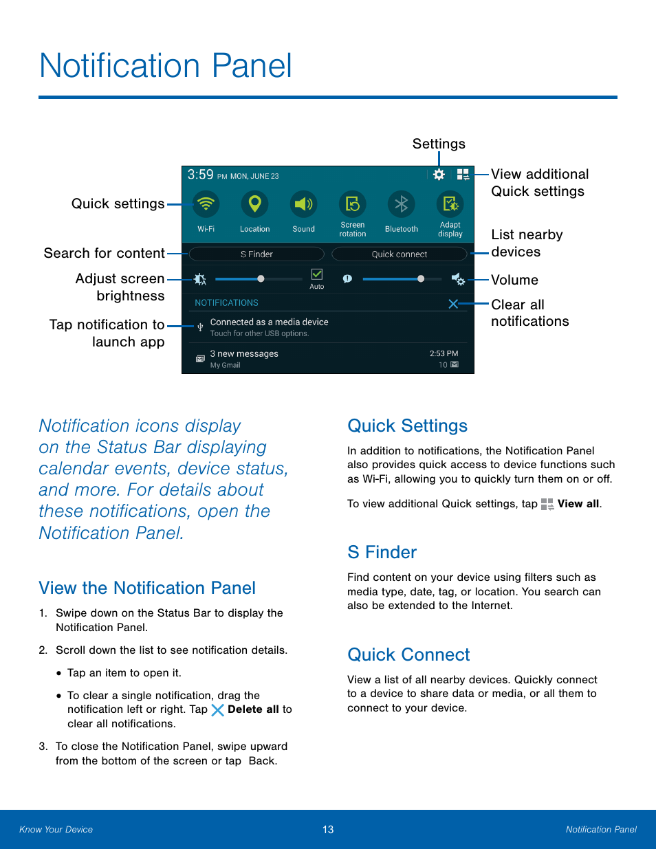 Notification panel, View the notification panel, Quick settings | S finder, Quick connect | Samsung SM-T700NZWAXAR User Manual | Page 20 / 82