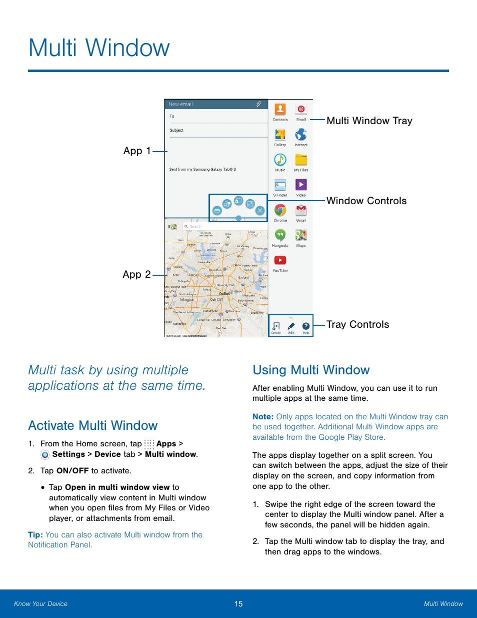 Multi window, Activate multi window, Using multi window | Activate multi window using multi window | Samsung SM-T700NZWAXAR User Manual | Page 22 / 82