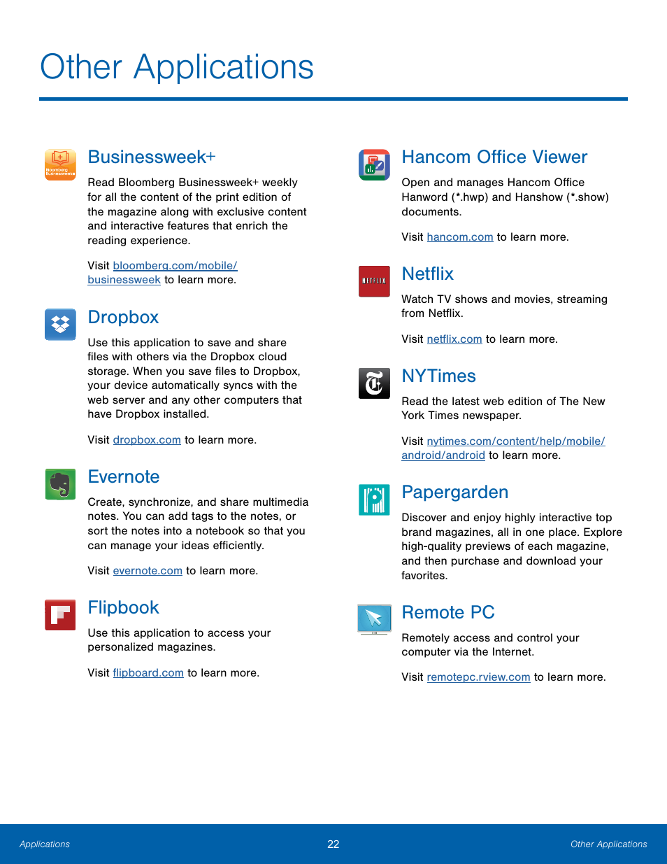 Other applications, Businessweek, Dropbox | Evernote, Flipbook, Hancom office viewer, Netflix, Nytimes, Papergarden, Remote pc | Samsung SM-T700NZWAXAR User Manual | Page 29 / 82