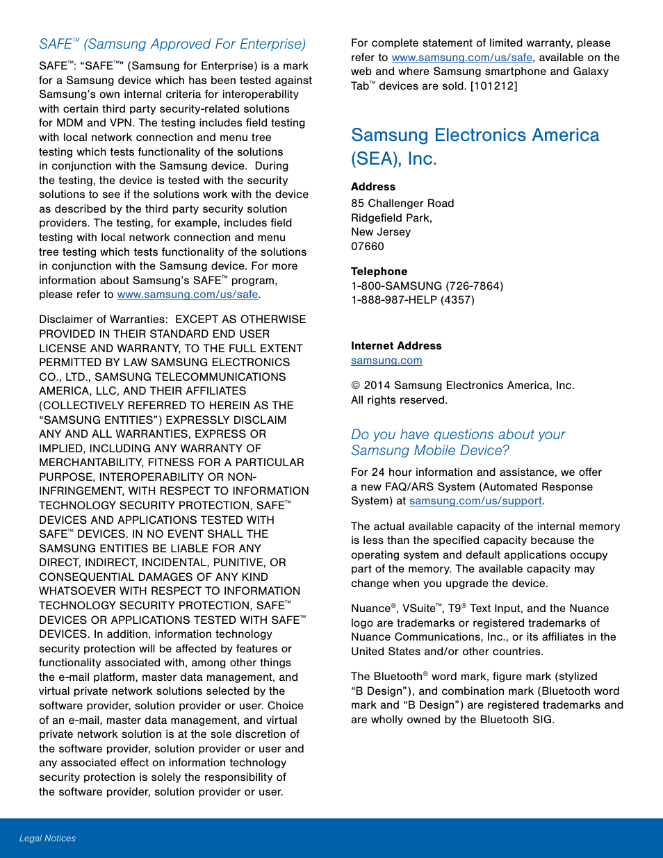 Samsung electronics america (sea), inc, Safe, Samsung approved for enterprise) | Samsung SM-T700NZWAXAR User Manual | Page 3 / 82