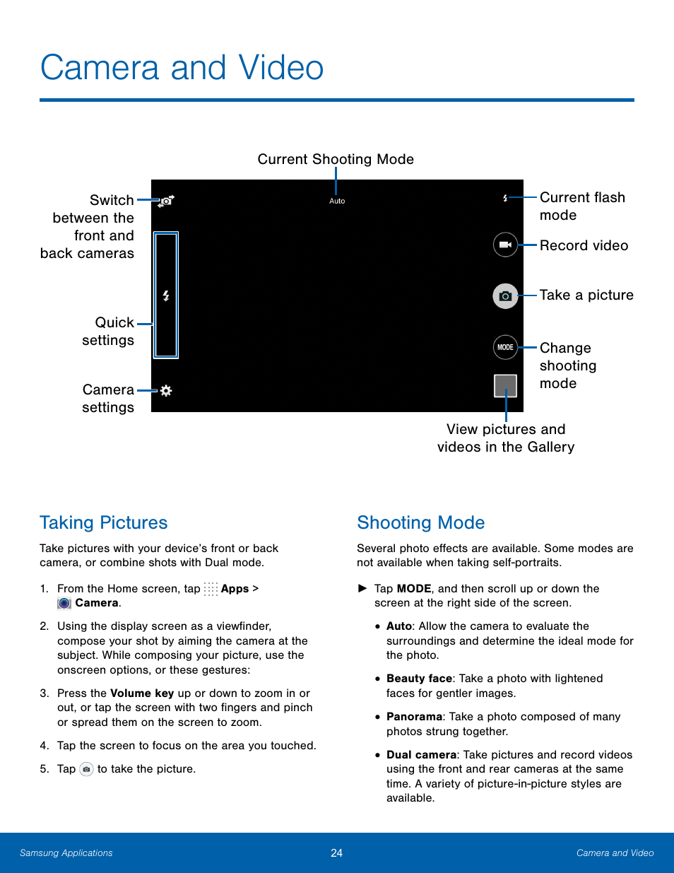 Camera and video, Taking pictures, Shooting mode | Taking pictures shooting mode | Samsung SM-T700NZWAXAR User Manual | Page 31 / 82