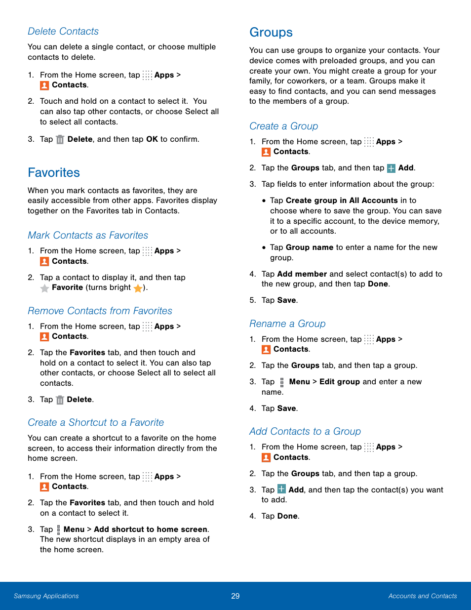 Favorites, Groups, Favorites groups | Samsung SM-T700NZWAXAR User Manual | Page 36 / 82