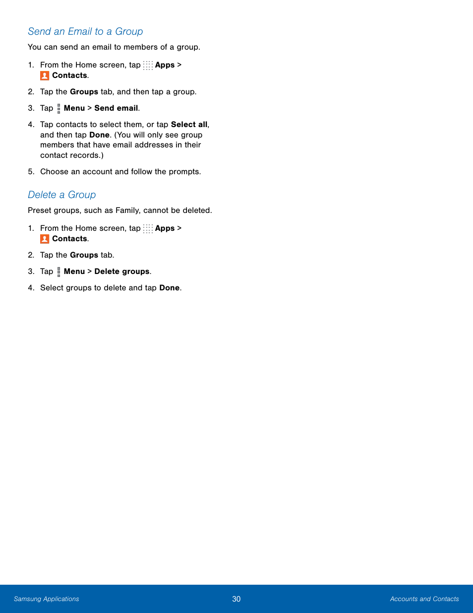 Send an email to a group, Delete a group | Samsung SM-T700NZWAXAR User Manual | Page 37 / 82