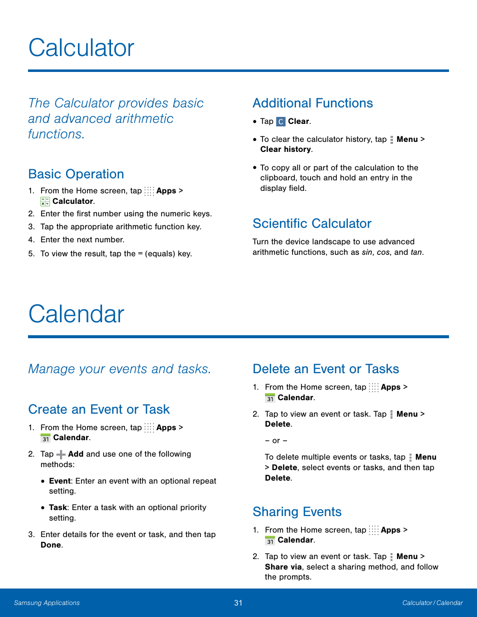 Calculator, Basic operation, Additional functions | Scientific calculator, Calendar, Create an event or task, Delete an event or tasks, Sharing events | Samsung SM-T700NZWAXAR User Manual | Page 38 / 82